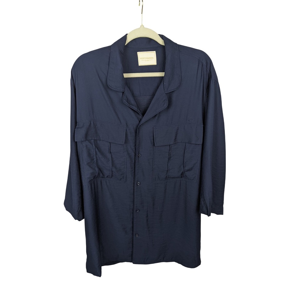 Scotch & Soda Mens Navy Blue Utility Cargo Shirt 3/4 Sleeve Camp Collar XXL